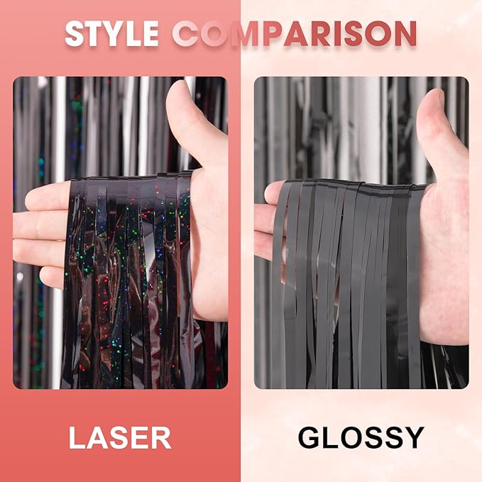 Voircoloria 3 Pack 3.3 x 8.2 ft Laser Black Foil Fringe Backdrop