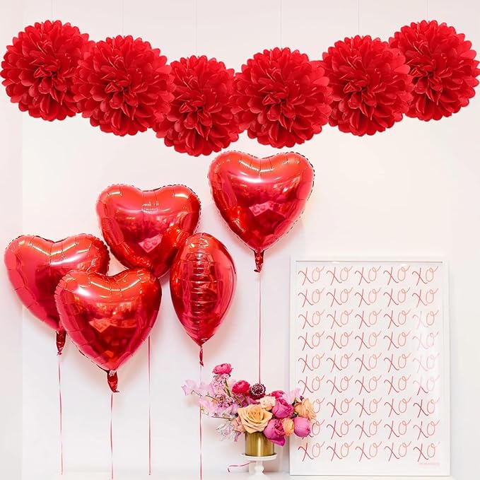 Red Valentines Day Paper Flowers Tissue Pom Poms Hearts Honeycomb