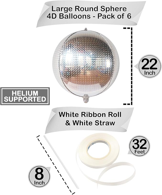 KatchOn, Large Silver Disco Ball Balloons - 22 Inch, Pack of 6 -