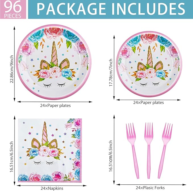 96 Pcs Unicorn Party Plates and Napkins Set Include Magical Unicorn