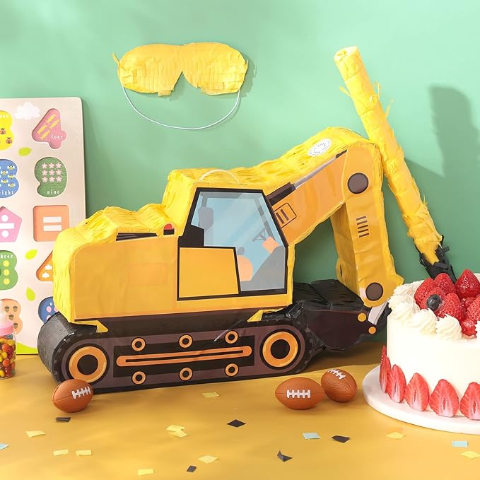 Construction Dump Excavator Piñata with Blindfold and Bat Tractor