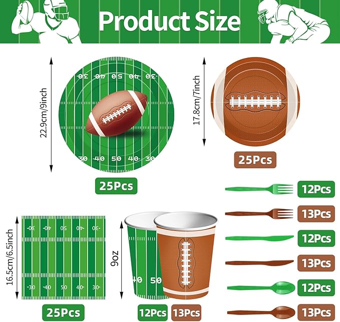 175 Pcs Football Tableware Set Serves 25 Football Themed Disposable