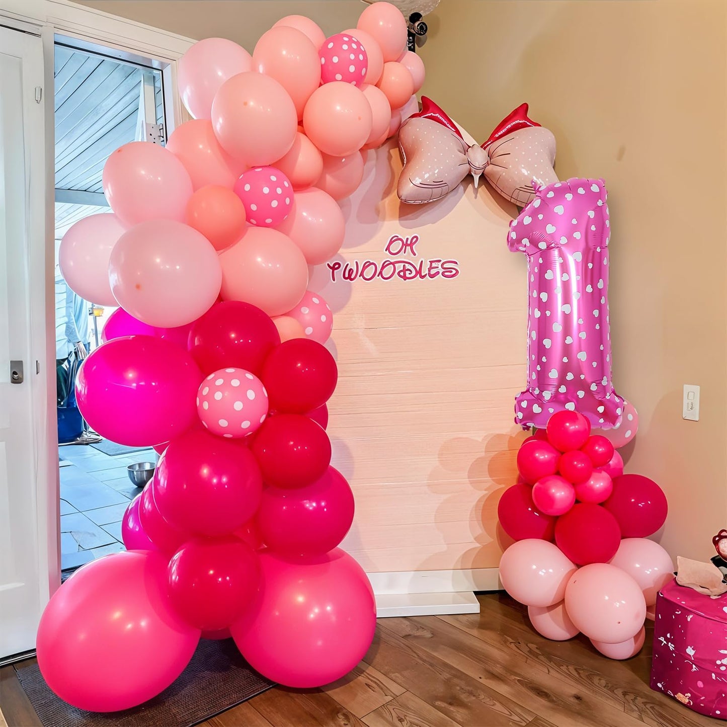 Pink 1st Birthday Balloons Decorations, Hot Pink Rose Polka Dots
