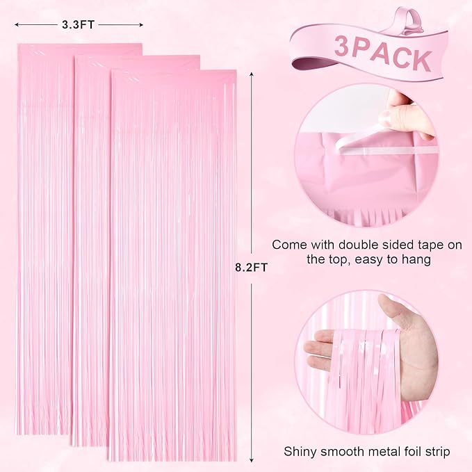 Voircoloria 3 Pack 3.3 x 8.2 ft Pasel Pink Foil Fringe Backdrop