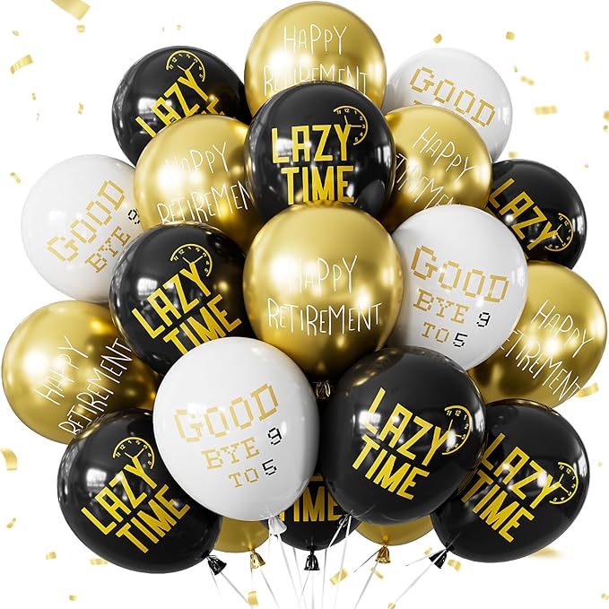 Retirement Balloons - 12 Inch Black Gold and White Balloons Funny