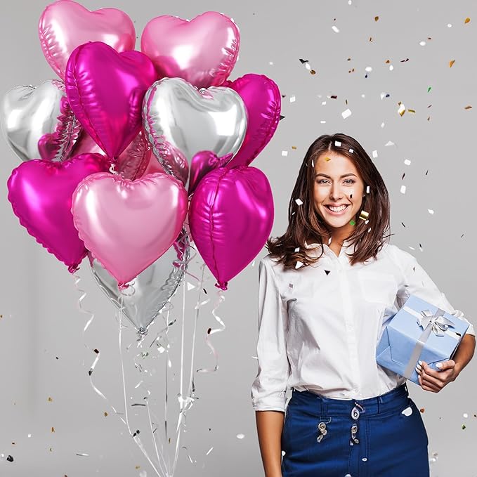 TAOYE 12 Pcs 18 Inch Heart Balloons, Hot Pink Silver and Pink Heart