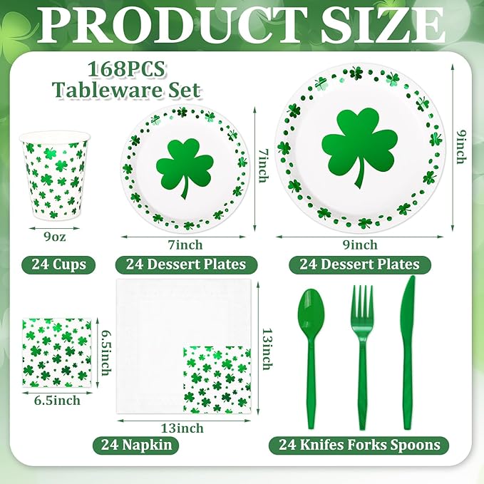 168Pcs St Patrick's Day Tableware Set Foil Green Shamrock Disposable