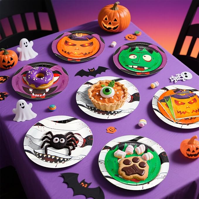 180 Pcs Halloween Paper Plates and Napkins Set 4 Design Pumpkin