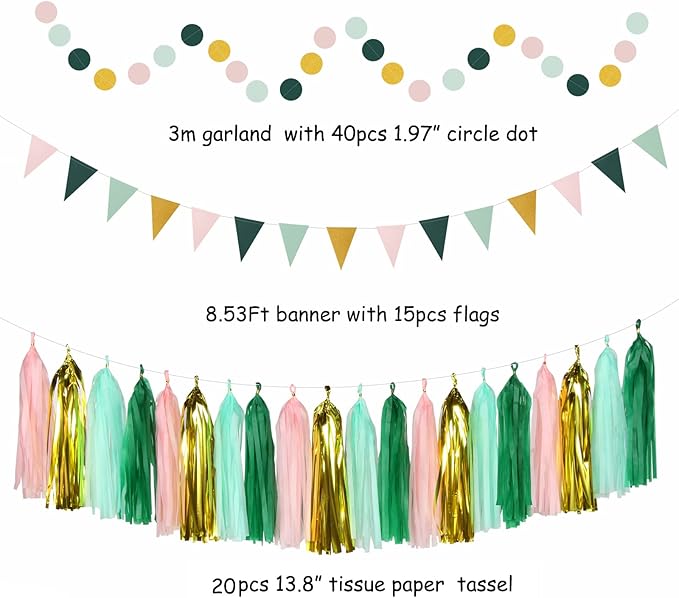 Sage Green Pink Gold Party Decorations 33pcs Kits Tissue Pom Poms