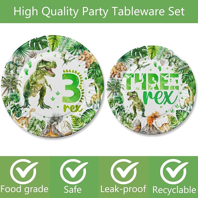 208 Pcs Dinosaur 3rd Birthday Party Supplies, Green Dino Three Rex