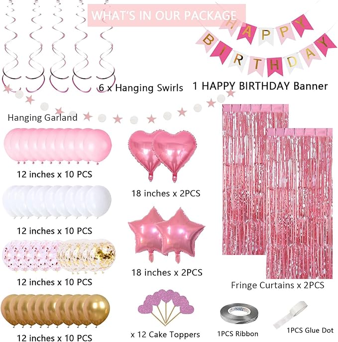 Pink Gold Birthday Party Decorations, Happy Birthday Banner, Pink