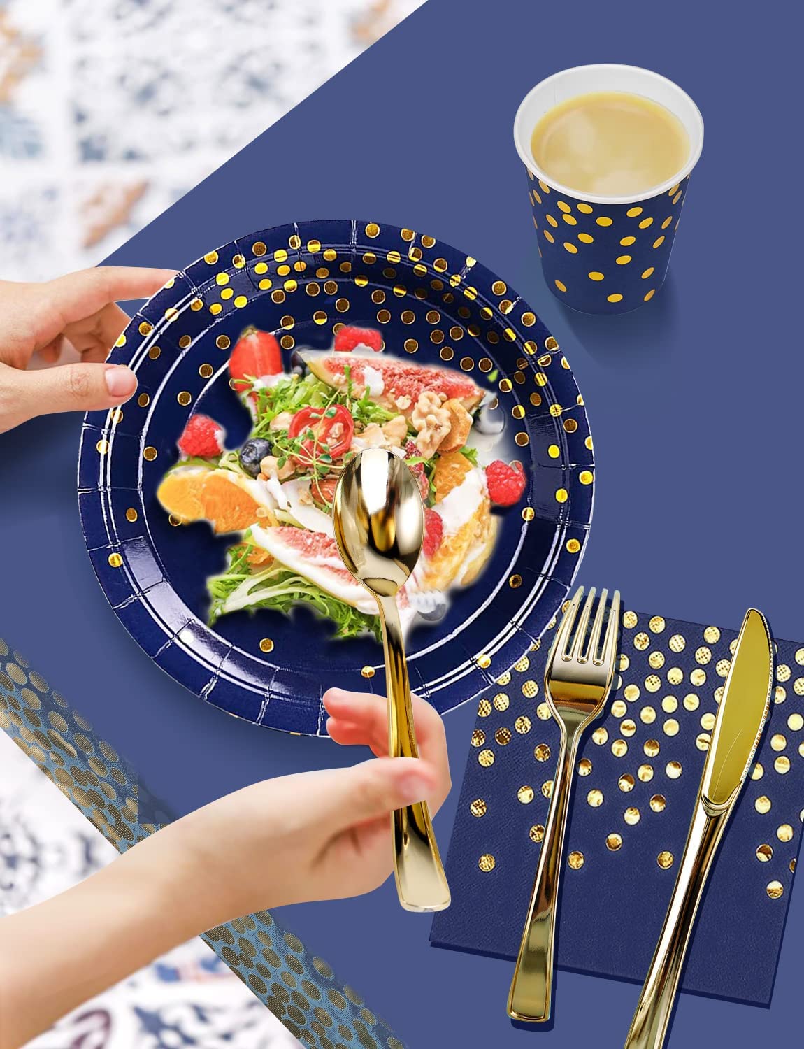 Nkaiso 141 Pieces Navy Blue Gold Party Supplies, Disposable Party