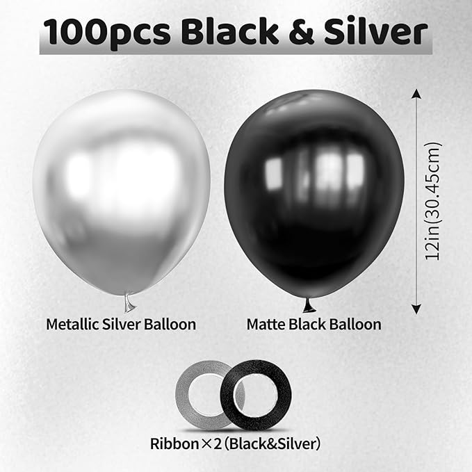 100pcs Black and Silver Balloons 12 Inch Metallic Silver and Black
