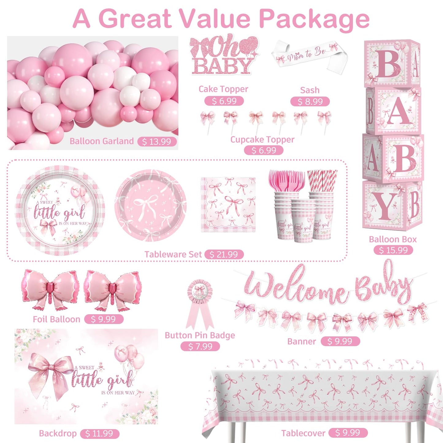 cocomigo 274 Pcs Pink Bow Baby Shower Decorations, All-in-One Party