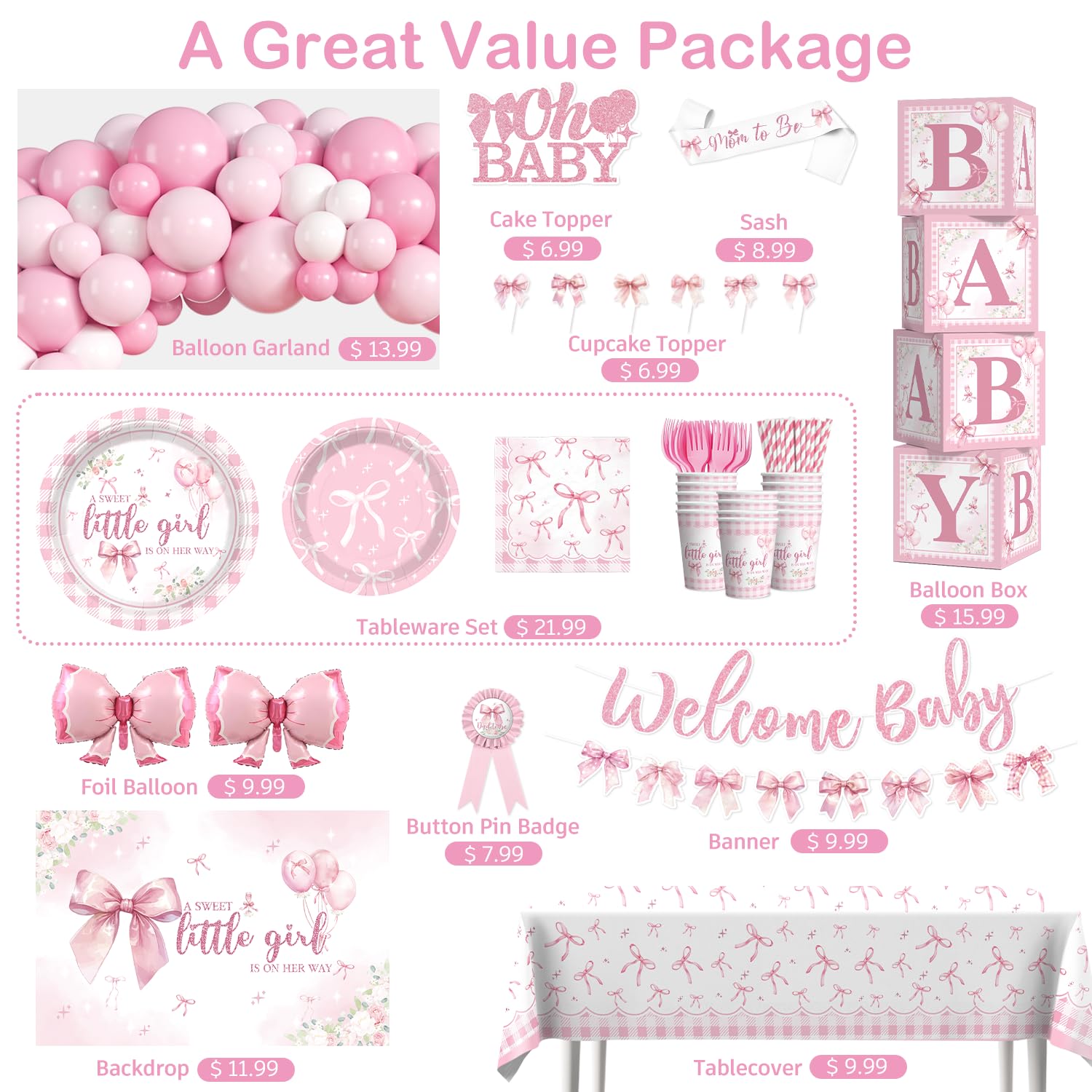 cocomigo 274 Pcs Pink Bow Baby Shower Decorations, All-in-One Party