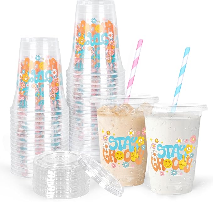 50Pcs Boho Party Plastic Cups 12 oz Stay Groovy Disposable Cups