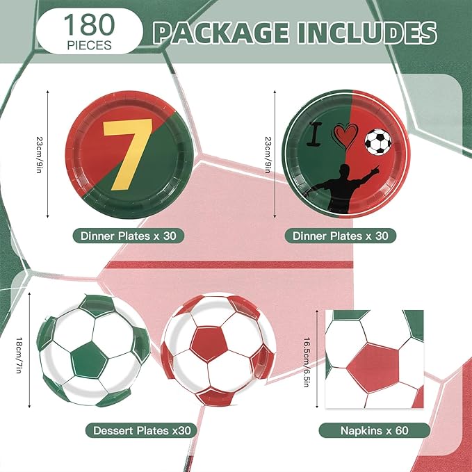 180Pcs Soccer Party Supplies Paper Plates and Napkins Serve 60