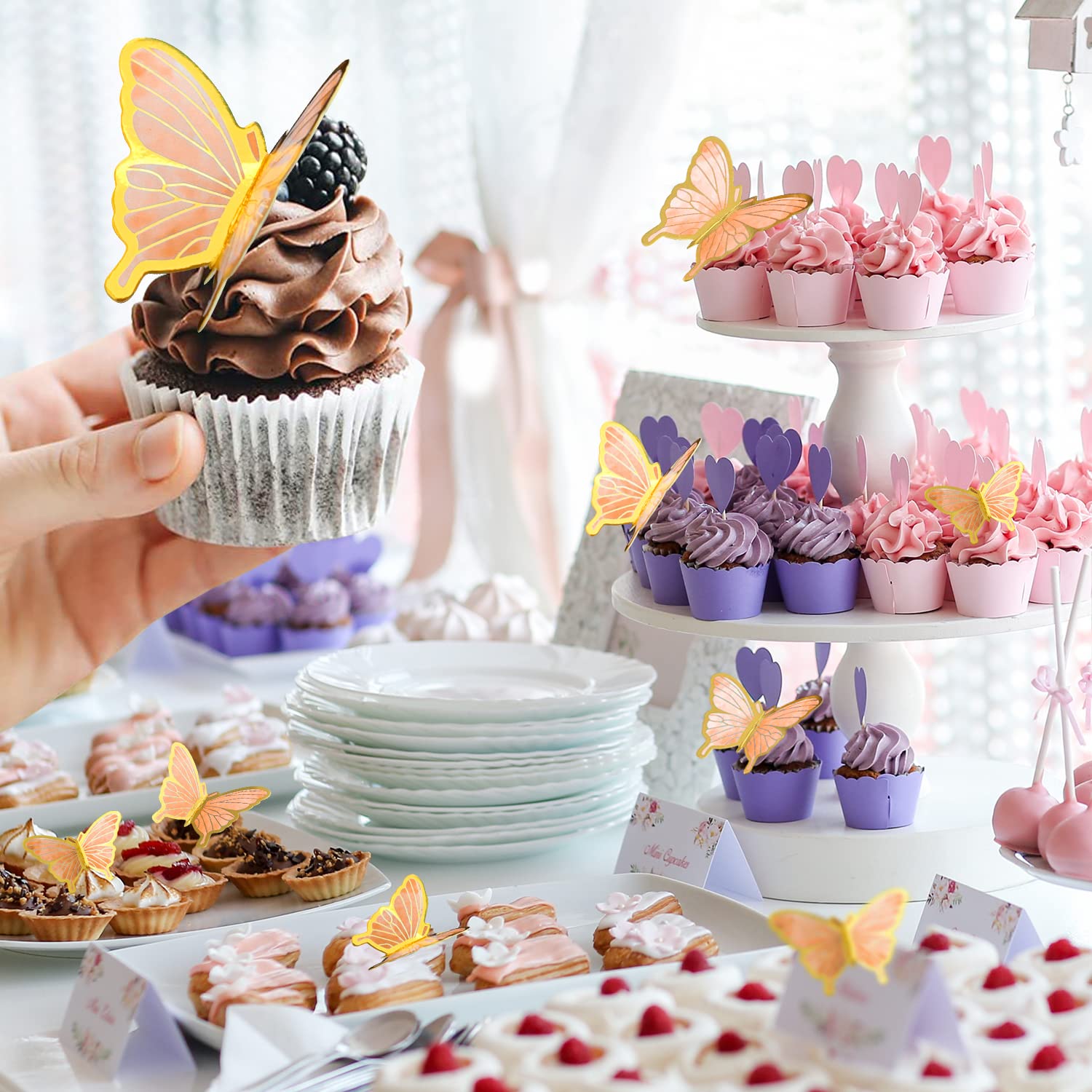 LANGPA 22-Pieces Butterfly Cake Decorations With Happy Birthday Orange