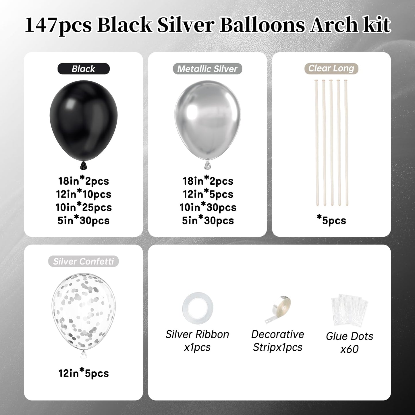 147pcs Black and Silver Balloons Garland Arch Kit, 18 12 10 5 inch