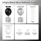 147pcs Black and Silver Balloons Garland Arch Kit, 18 12 10 5 inch