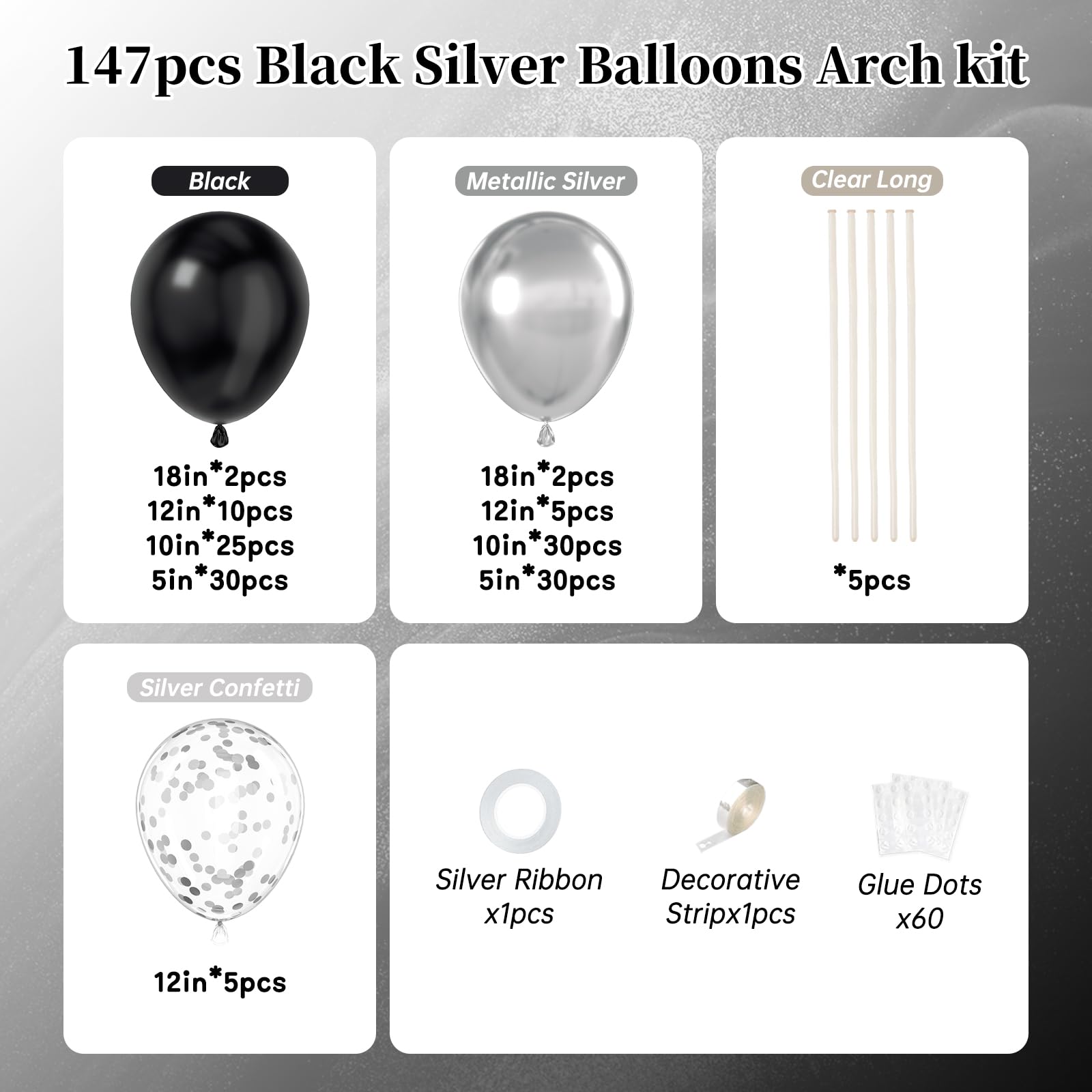 147pcs Black and Silver Balloons Garland Arch Kit, 18 12 10 5 inch