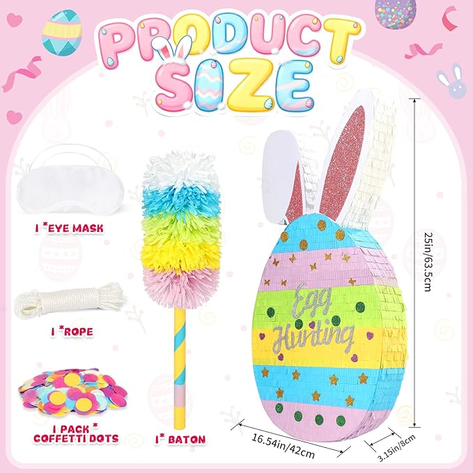 25 Easter Decorations Pinata Bunny Egg Piñata with Blindfold Bat and