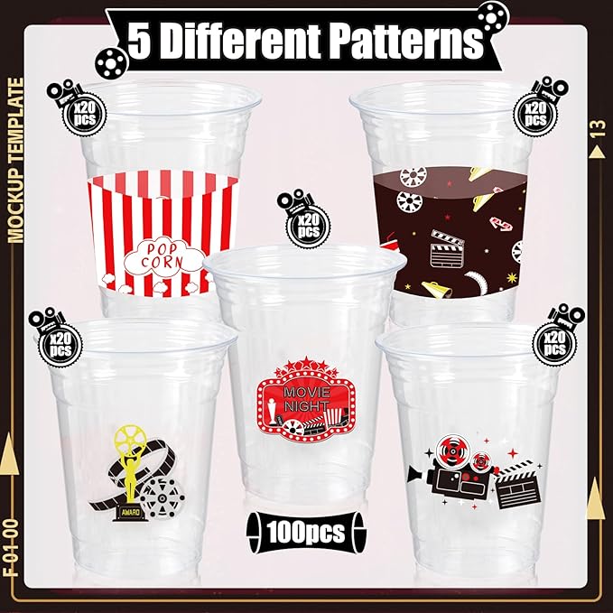 100 Pcs Movie Night Cups 12 Oz Clear Disposable Plastic Drinking