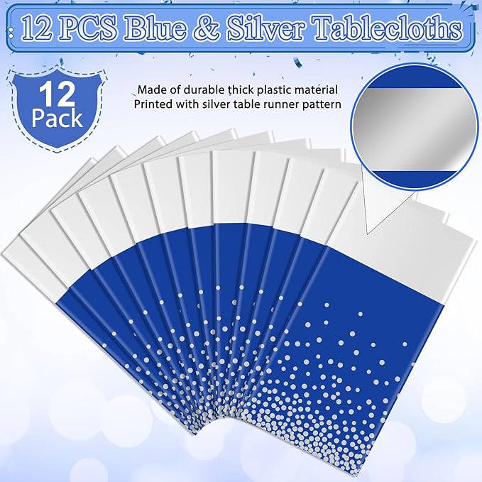 12Pcs Blue Silver Tablecloth Party Decorations,Plastic Royal Blue