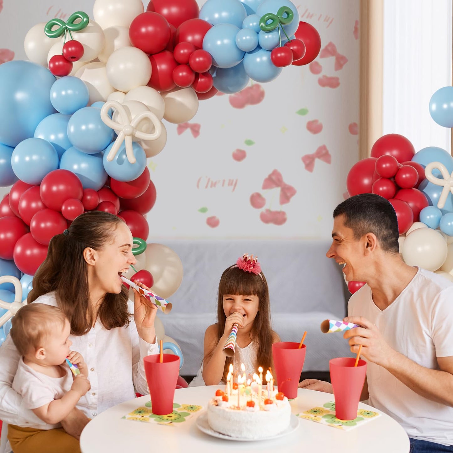CROSSFINGERS Cherry Red and Blue Balloon Garland Arch Kit,150pcs Bow
