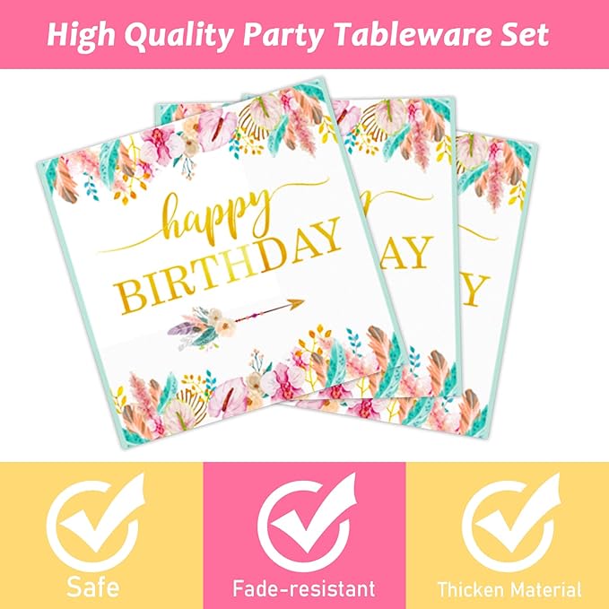 96 Pieces Happy Birthday Party Plates Napkins Boho Decorations Gold