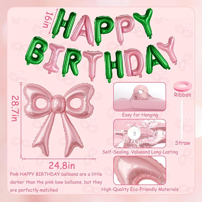 Pink and Green Happy Birthday Balloons, 31”Huge Pink Bow Aluminum