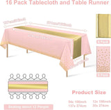 16Pack Disposable Plastic Tablecloths and Satin Table Runner Set Pink