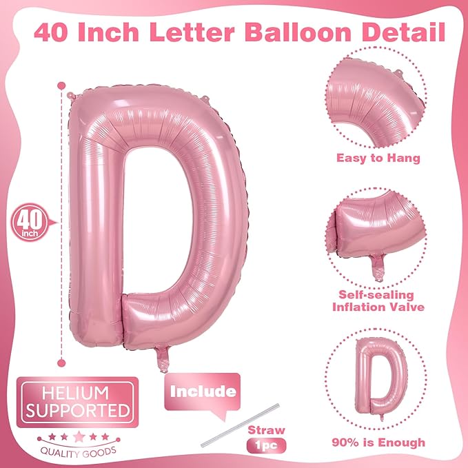 Pastel Pink D Letter Balloon, 40 Inch Giant Light Pink Mylar Foil