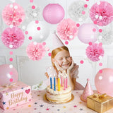 14 Pcs Pink Party Decorations Kit - Tissue Pom Poms, Lanterns & Polka