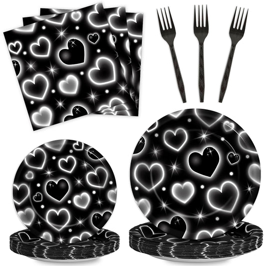 Qyeahkj 100 Pcs 2000s Party Plates Napkins Forks Set Black Heart
