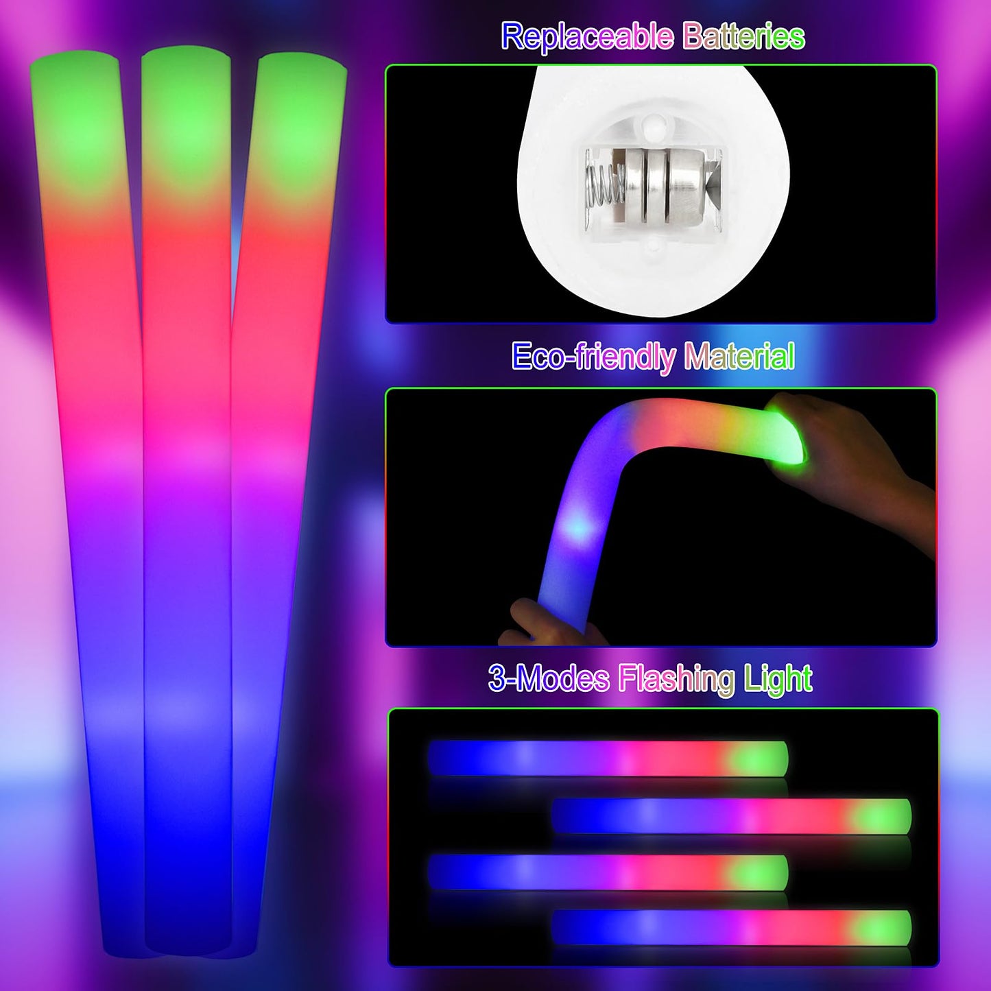 Taotuo 45 PCS Foam Glow Sticks with 3 Modes Colorful Flashing, Light