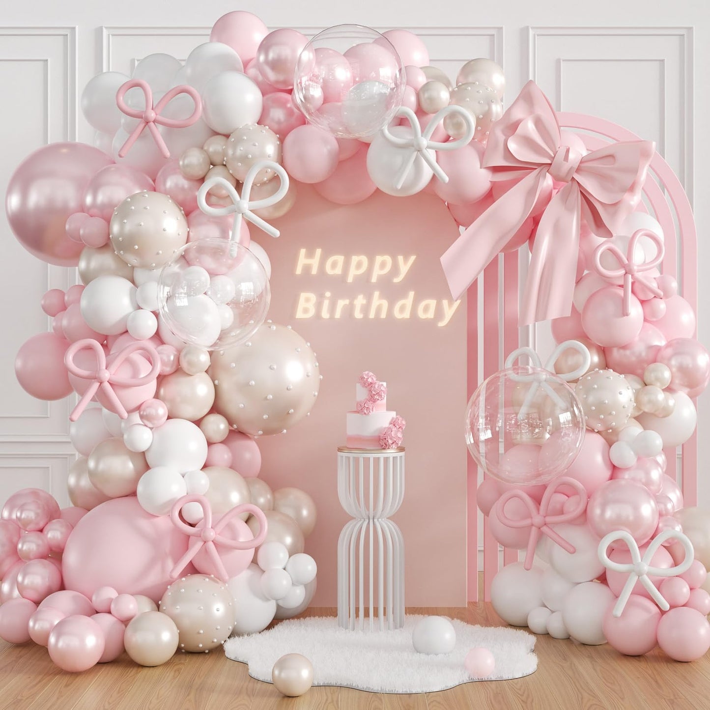 Pink Bow Balloon Arch Kit with Clear Light Pearl Pink and White