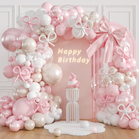 Pink Bow Balloon Arch Kit with Clear Light Pearl Pink and White