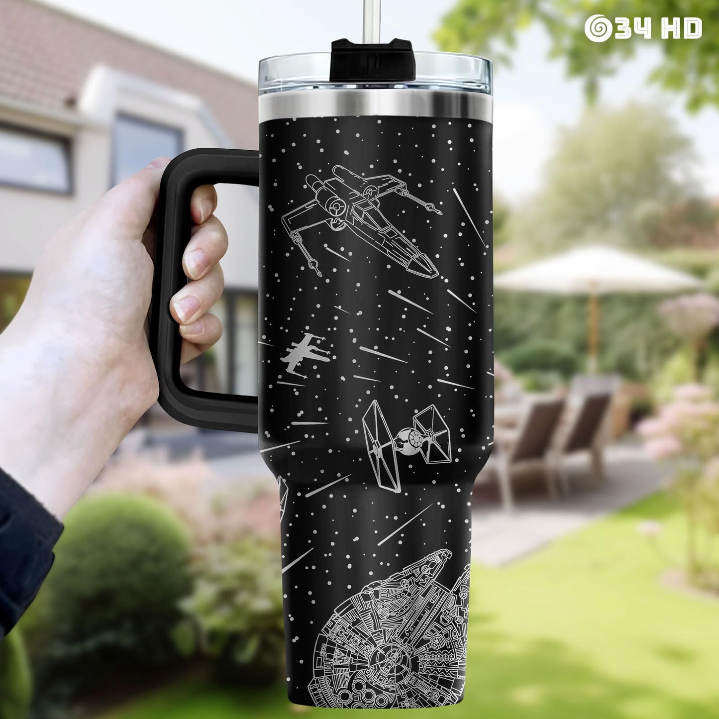 34HD Space Galaxy Tumbler 40oz with Handle and Straw, Sci-Fi Falcon