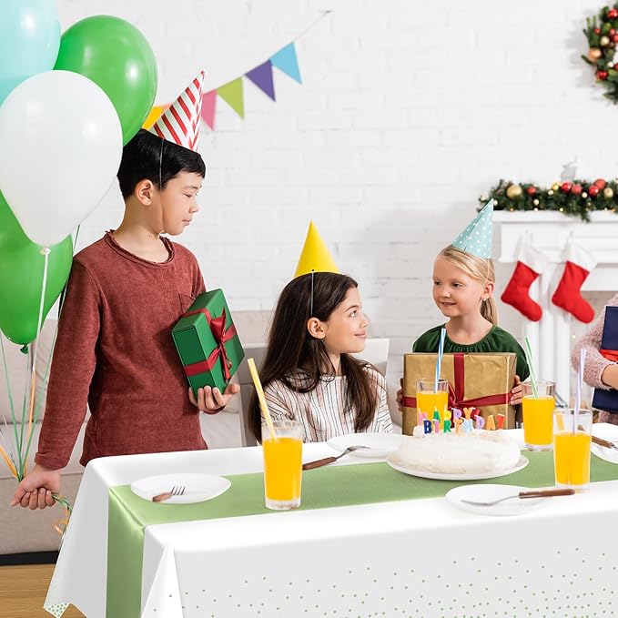 8Pack Plastic Tablecloths and Satin Table Runner Set Disposable White