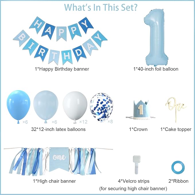 First Birthday Decorations for Boy - Complete Party Set with High