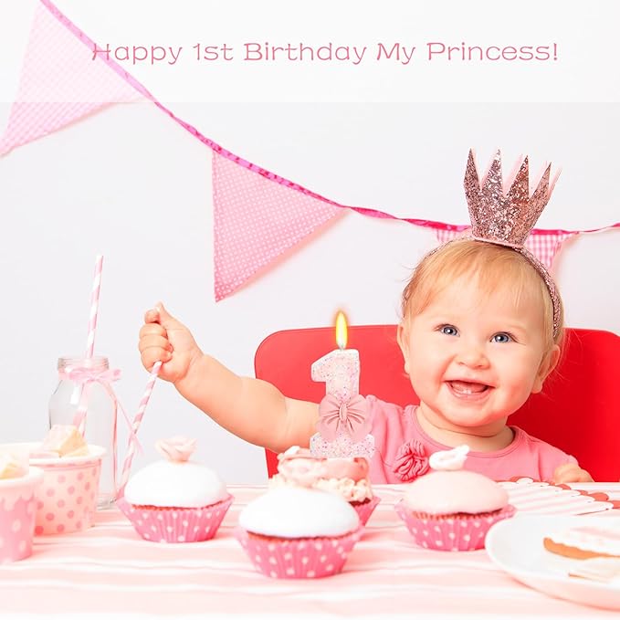 Birthday Candle for Cake, 1 Candle - Pink Glitter with Bowknot, 2.76