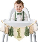 Wild One 1st Green White Highchair Banner Handmade Wood Bead Tassel