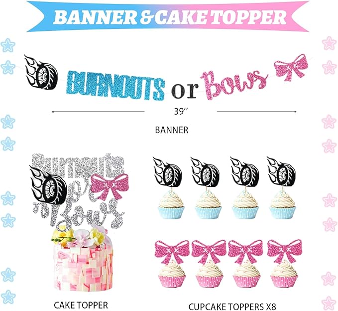 Burnouts or Bows Gender Reveal Decorations Kit 171 Pcs Boy or Girl