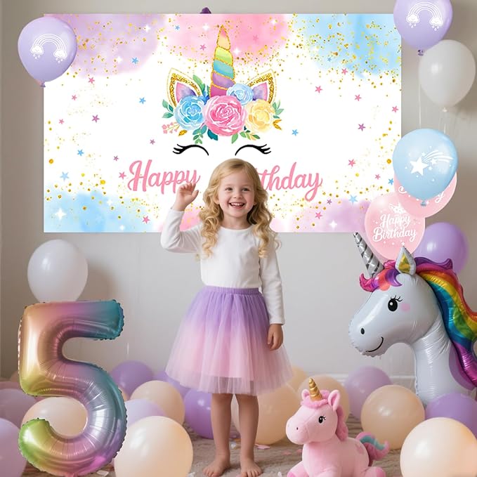 Unicorn Birthday Decorations Includes Banner Backdrop Balloons