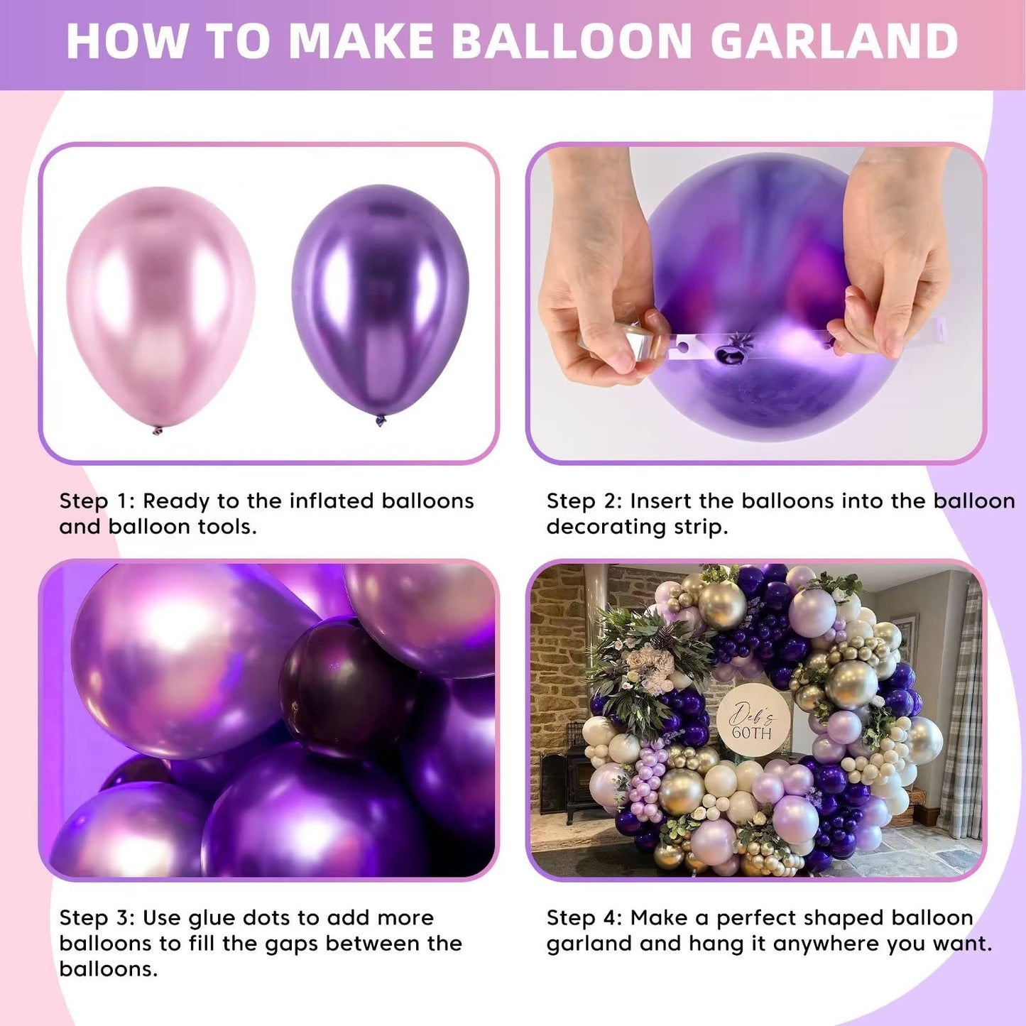 100pcs Metallic Pink Purple Balloon Garland Kit, Metallic Purple