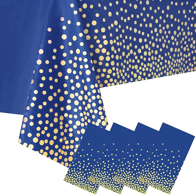 4 Packaging Blue and Gold Plastic Tablecloth, 54 inch x108 inch