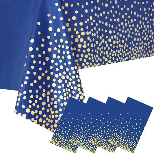 4 Packaging Blue and Gold Plastic Tablecloth, 54 inch x108 inch