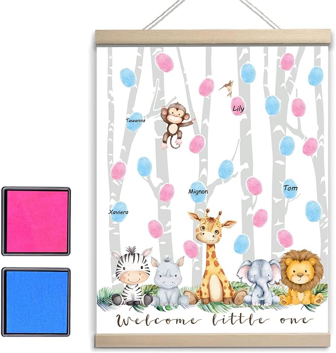 Gender Reveal Decorations Fingerprint Tree with Woodland Safari