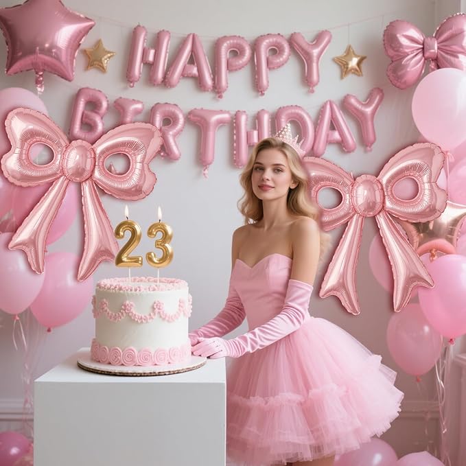 Bow Number 2 Birthday Balloons, 40” Pink Aluminum Foil Balloons Happy